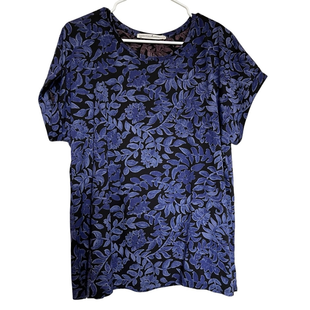Peruvian Connection Women’s Purple Blue Floral Short Sleeve Top Size Large